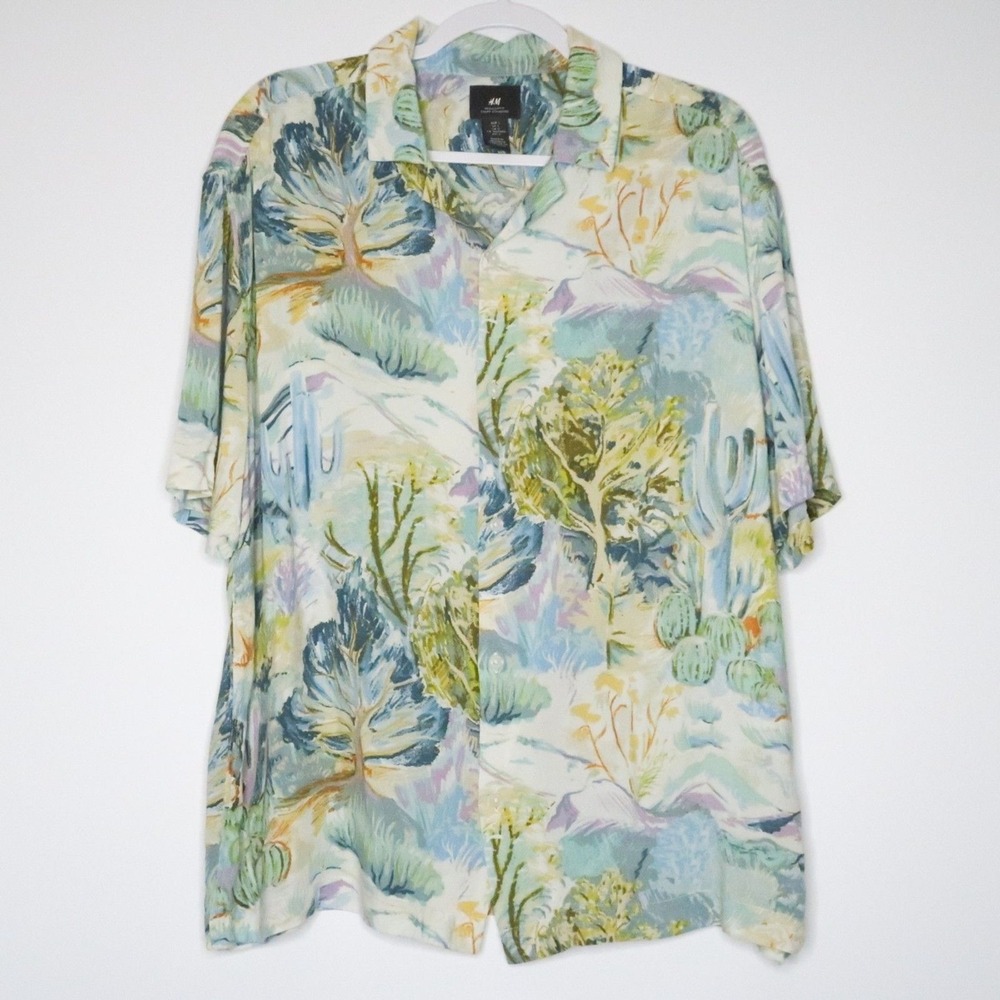 HM Mens Large Desert Landscape Cactus Print Viscose Camp Collar Shirt Multicolor